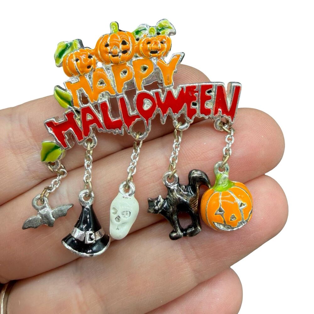 Vintage Halloween Brooch with dangling charms , Vintage Halloween Jewelry